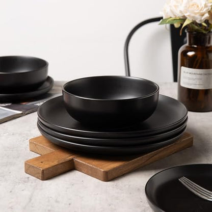 12-Piece Stoneware Dinnerware Set with Mugs | Microwave and Dishwasher Friendly | Stackable Matte Glaze Plates & Bowls | Service for 3 (Black for 3) - color: Black for 3