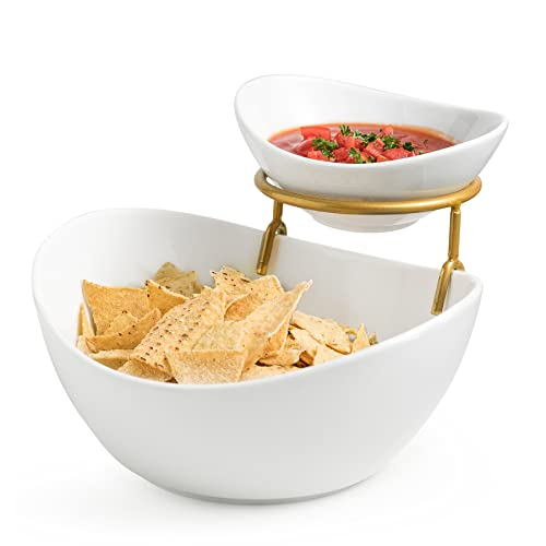 Miamolo 2 Tier Serving Bowl Set and Removable Rack for Chip and Dip | Ceramic Serving Dishes Set with 2 Compartment, for Snacks, Appetizer, Salad, Fruit | Microwave & Dishwasher Safe, Gold Stand - color: Gold, size: 2-Tier Set (Large, Medium)