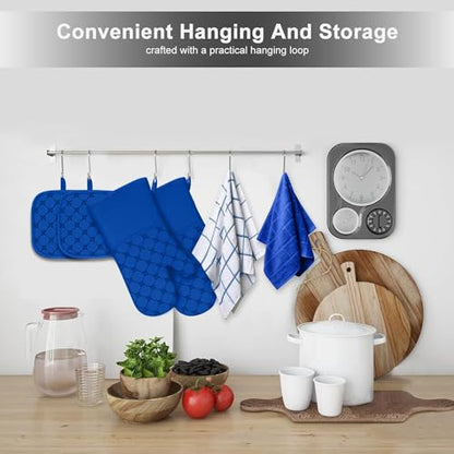 Oven Mitts Kitchen Towels Dishcloths with Pot Holders Sets, Dish Towels Sets, Oven Gloves Pot Pads Heat Resistant 500 Degrees with Non-Slip Silicone Surface for Cooking Baking Grilling-Royal Blue - color: Royal Blue