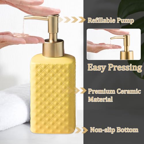 Bathroom Accessories Set Ceramic Soap Dispenser Toothbrush Holder Bathroom Tumbler Soap Dish Bathroom Decor Vibrant Modern Bathroom Set (Yellow 4-Piece Suit) | Includes Soap Dispenser, Toothbrush Holder, Tumbler and Soap Dish, Vibrant Modern Design, for K