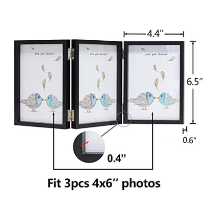 WUTL 3 Picture Frame Triple Collage 4x6 Frames with Real Glass Black | Trifold Photo Frame, Hinged Foldable, Crystal Clear Real Glass - color: Black, size: 4x6