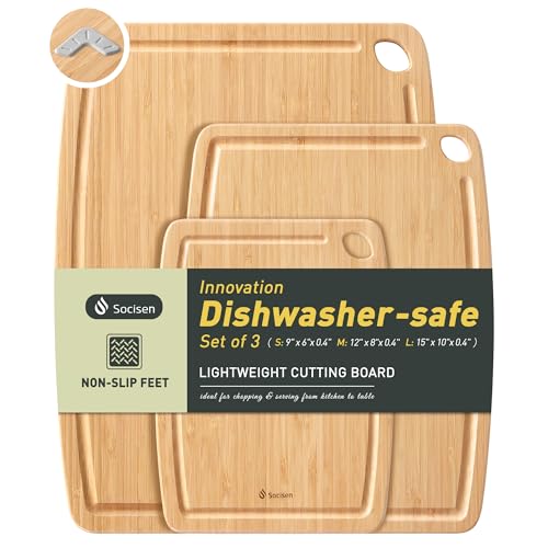 Lightweight Durable Bamboo Cutting Board Set with Non-Slip Feet, Wood Cutting Board for Busy Kitchen, Easy Clean Wooden Chopping Boards with Juice Groove Best House Warming Gift Set of 3 (S+M+L) - color: Natural Bamboo, size: Set of 3 (Small + Medium + La