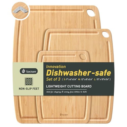 Lightweight Durable Bamboo Cutting Board Set with Non-Slip Feet, Wood Cutting Board for Busy Kitchen, Easy Clean Wooden Chopping Boards with Juice Groove Best House Warming Gift Set of 3 (S+M+L) - color: Natural Bamboo, size: Set of 3 (Small + Medium + La