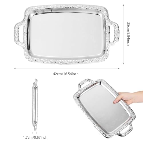 Metal Trays for Food Rectangular Modern with Handles | Silver Tray Food Serving Platter for Candy Bread Cake Charcuterie Dessert Fruit Party Home Kitchen Living Room