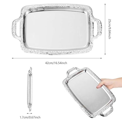 Metal Trays for Food Rectangular Modern with Handles | Silver Tray Food Serving Platter for Candy Bread Cake Charcuterie Dessert Fruit Party Home Kitchen Living Room