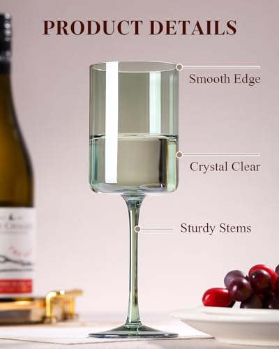 Green Square Wine Glasses Set of 6 - Hand Blown, Colorful With Tall Long Stems, Modern Set for All Occasions - 14oz - color: Sage Green