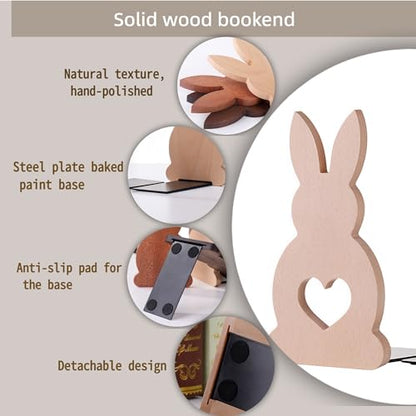 2-Pack Bunny Ebony Bookends, 6.7x3.5in | Solid Wood, Natural Grain, Non-Slip Base, Detachable, for Shelves/Desk/Kids Room - color: Ebony Wood Rabbit