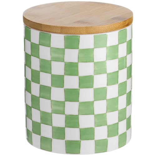 Green and White Checkered Utensil Holder, Painted Ceramic Kitchen Countertop Storage Jar with Sealed Lid, Kitchen Organizer for Spatulas & Coffee Beans, Long-Lasting & Easy Clean, Medium Size