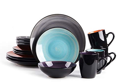HomeVss Sonoma 16 Piece Stoneware Dinner Set, Samoa, Outside Black + Inside Hand painted Combi Colors of Grey, Orange, Purple and Turquoise) with speckle - color: Combi Grey, Orange, Purple and Turquoise