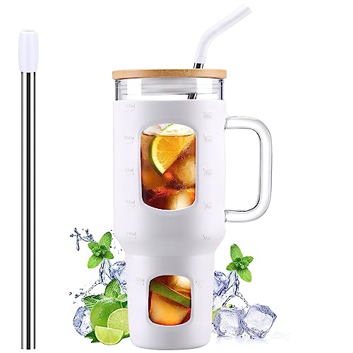 WINSA Glass Tumbler with Straw and Lid, 40 oz, White | Iced Coffee Cup with Handle, Glass Water Bottles with Time Marker, Silicone Sleeve - color: White, size: 40 Ounces