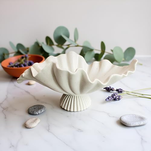 16" Large Decorative Bowl decor, Modern Home Decor,Stylish Key Bowl for Entry Table,Scalloped Decorative Bowls (Light Gray-With base, 16.14inch)