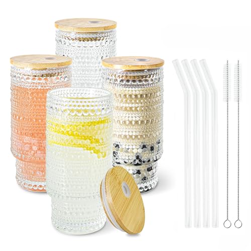 Glass Cups with Lids and Straws 16 oz Hobnail Drinking Glasses | Vintage Iced Coffee Cup with Bamboo Lid, Cute Stackable Glassware for Cocktail Juice Matcha Smoothie Home Kitchen - color: 16oz Hobnail*4, size: 16oz