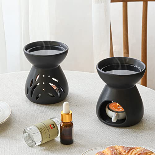 ComSaf Oil Burner Wax Melt Warmer, Ceramic Candle Diffuser Black 2 Pack | Essential Oil Aromatherapy, Scented Wax Melts, Tea Light Tray, Bedroom Home Decor, Spa and Yoga, Housewarming Gift