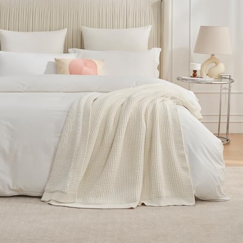 Reversible Waffle Weave Throw Blanket, Chenille Knit with Warm Sherpa, Soft Cozy Blanket for Couch, 50"x60", Ivory - color: Waffle-ivory