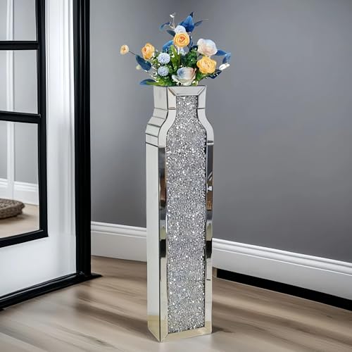 30" Tall Double Sided Crushed Diamond Vases, Large Mirrored Silver Vase for Floor,Crystal Mirror Decorative Vase for Home,Office,Hotel (Silver, 6.8" L x 4.7" W x 30" H) - color: Silver, size: 6.8" L x 4.7" W x 30" H