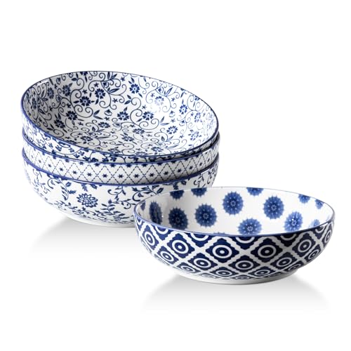 45 OZ Ceramic Large Pasta Bowls Set of 4 | Salad Bowls 8 Inch Wide Serving Bowls for Soup Dessert Noodle Dinner Fruit Bowls - Microwave Dishwasher Safe - Vintage Blue - size: 45 OZ