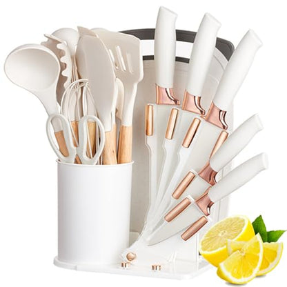 19 Pieces Kitchen Cooking Utensils and Knife Set with Holder Block, Include 11 Pcs Silicone Cooking Utensils 5 Pcs Sharp Stainless Steel Knives Scissors Whisk Tongs and Cutting Board (BLACK) - color: Black
