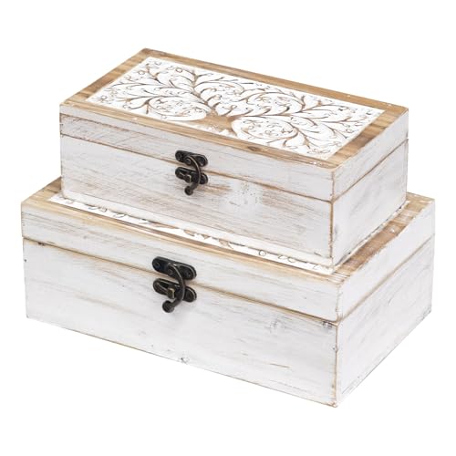 2 Piece Tree of Life Carved Wooden Keepsake Boxes with Lids, Decorative Storage Boxes for Home Decor, Trinket Box for Jewelry and Memorabilia - color: Whitewashed, size: 2 Sets