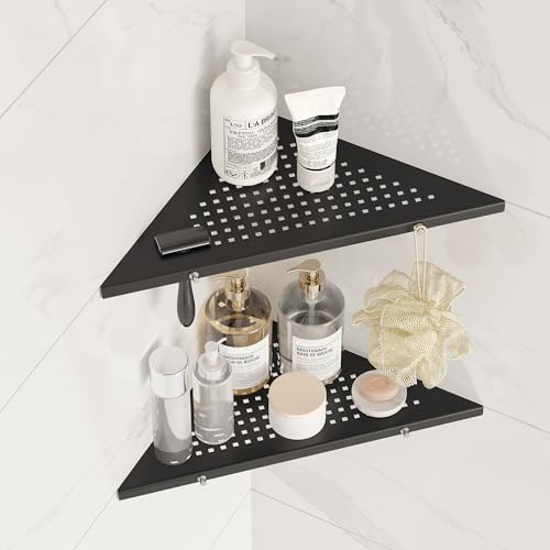 Qeke 10" Corner Shower Shelf, 2 Pack Bathroom Corner Shelf, Matte Black | 304 Stainless Steel Shelf, w/ a Razor Slot & Hooks, Floating Corner Shelf for Tiled Wall, No Drilling Required - color: Matte Black