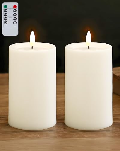 Gmnee 3"x6" Outdoor Waterproof Flameless Candles with Remote Timers Plastic | 2 Pack Battery Operated Candles, LED Candles, Electric Fake Pillar Candles for Patio, Porch, and Lanterns Decor (White) - color: White-D3"xH6"