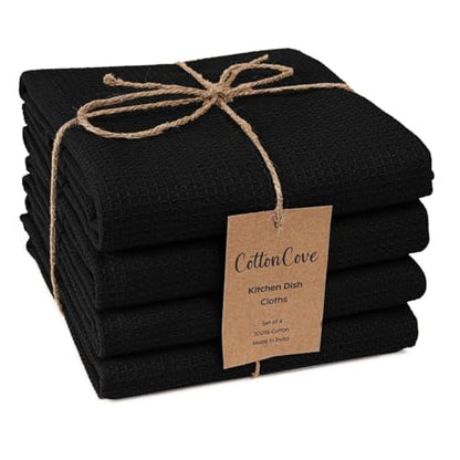 Waffle Kitchen Towels Large 16x26 inch 100% Cotton Set of 4 - Soft Absorbent Washable Tea Towel for Kitchen - Dish Cloths Quick Drying - 320 GSM Quality Dish Towels Black - color: Black