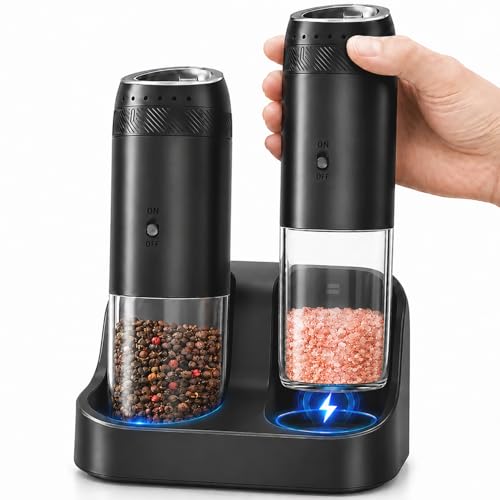 Gravity Electric Salt and Pepper Grinder Set, Rechargeable Automatic Mills with Charging Base, 6-Level Adjustable Coarseness, LED Light, Matte Black, 2-Pack