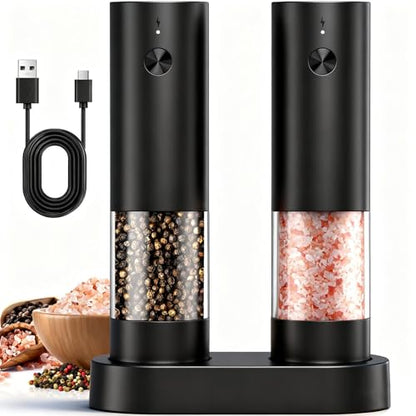 Electric Salt and Pepper Grinder Set - Rechargeable Automatic Salt and Pepper Shakers, Upgraded Larger Capacity with Storage Base, Home and Kitchen Appliances Birthday Gifts for Women Mom (Black)