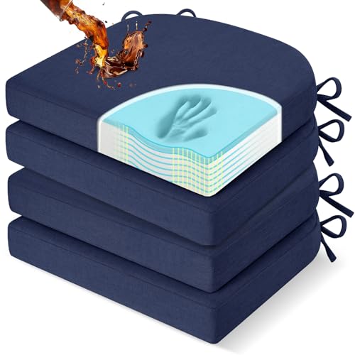 downluxe Chair Cushions for Dining Chairs, Memory Foam Linen Kitchen Chair Pads with Ties, Waterproof, Stain-Resistant and Washable Cover, 17" x 16" x 2.5", Blue, 4 Pack - color: Blue, size: Pack of 4