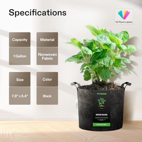 VIVOSUN 5-Pack 1 Gallon Plant Grow Bags Fabric Pots with Handles | 300G Thickened Nonwoven Fabric, Excellent Drainage, Healthy Root Growth, BPA-Free, Reusable - color: Black, size: 1 Gallon