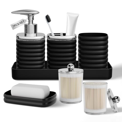 Bathroom Accessory Set - Gorgeous Bathroom Set, 7PC Black Bathroom Accessories Set, Soap Dispenser, Toothbrush Holder, Qtip Holder Set, Bathroom Accessories Sets Complete for Home - color: Black&silver