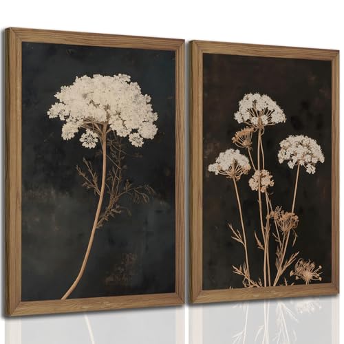 2Pcs Framed Moody Botanical Wall Art with Wood Frame Vintage Queen Anne’s Lace Flower Canvas Paintings Rustic Floral Poster Picture Prints Decor for Farmhouse Living Roomor Bedroom12X16Inch - color: Moody Floral 2pcs, size: 12x16 Inches