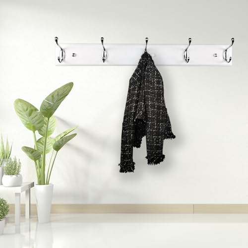 Wooden Wall Mounted Coat Rack – 24 Inch (60cm), White with 5 Silver Hooks for Entryway, Hallway, Bedroom - size: Medium-23.6in(60cm),5 Silver Hooks, style: Modern