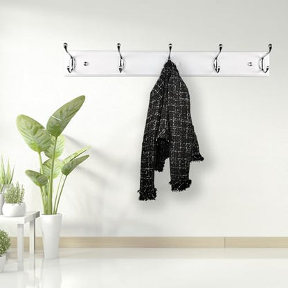 Wooden Wall Mounted Coat Rack – 24 Inch (60cm), White with 5 Silver Hooks for Entryway, Hallway, Bedroom - size: Medium-23.6in(60cm),5 Silver Hooks, style: Modern