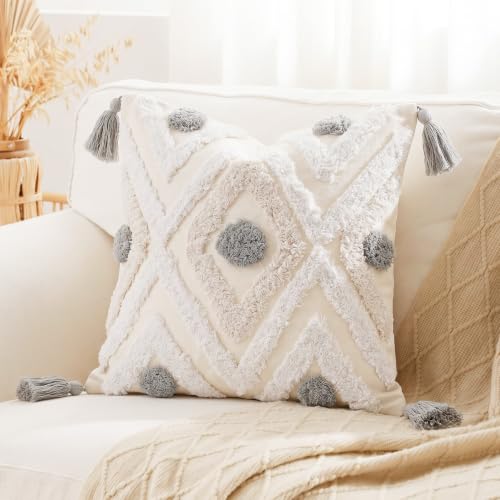 NUYECY Farmhouse Square Pillow Cover 18 x 18,Cotton and Linen Tufted Decorative Boho Pillow Case for Couch Sofa Bed Farmhouse Chair Outdoor,Light Gray&Beige&White - color: Grey, size: 18" x 18" (Pack of 1)