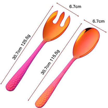 Salad Spoon and Fork Set, 12 Inch Stainless Steel Salad Server, Magic Red Serving Utensils, Pack of 2 - color: Orange Red