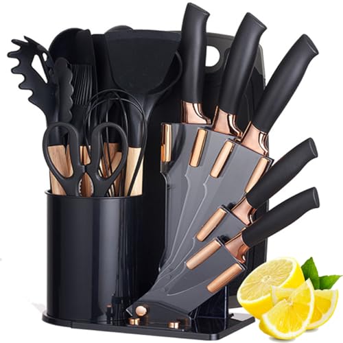 Kitchen Cooking Utensils and Knife Set with Block, 19 Pieces Cooks Cutting Set 11 Silicone Utensils Tool 5 Pcs Sharp Stainless Steel Chef Knives Scissors Whisk Tongs and Cutting Board (Black) - color: Black