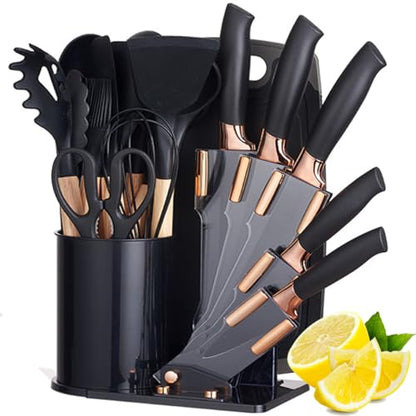 Kitchen Cooking Utensils and Knife Set with Block, 19 Pieces Cooks Cutting Set 11 Silicone Utensils Tool 5 Pcs Sharp Stainless Steel Chef Knives Scissors Whisk Tongs and Cutting Board (Black) - color: Black