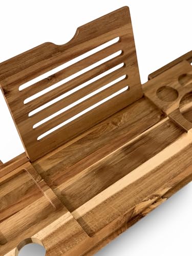 Premium Acacia Wood Bathtub Caddy | Adjustable Wooden Bath Tray | Book & Tablet Holder with Wine Glass Slot | Luxury Spa Gift for Her & Him