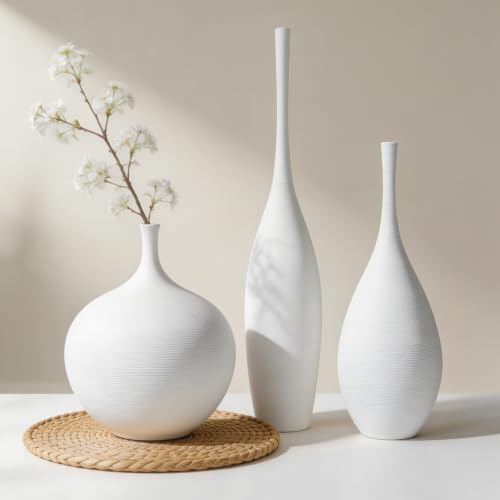 White Ceramic Vase Set of 3, Modern Boho Vases for Centerpiece Decor, Matte Minimalist Decorative White Vases Home Decor, for Living Room, Bookshelf, and Entryway Table Decor - color: White