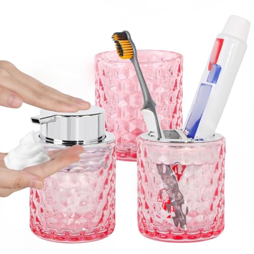 Bathroom Accessories Set, 3pcs Pink Glass Bathroom Accessory Set,Toothbrush Holder, Foaming Soap Dispenser and Tumbler, Silver Bathroom Decor Sets for Organizer, Home Apartment Gift - color: Pink and Silver