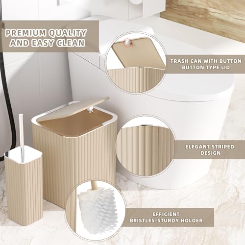 XLHOMO Bathroom Accessories Set - 25PC Bathroom Sets with Shower Curtain and Rugs, Beige Bathroom Set with Trash Can, Soap Dispenser, Soap Dish & Toilet Brush - size: Bath Set+Shower Curtain+Rugs, style: Beige&Silver