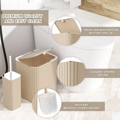 XLHOMO Bathroom Accessories Set - 25PC Bathroom Sets with Shower Curtain and Rugs, Beige Bathroom Set with Trash Can, Soap Dispenser, Soap Dish & Toilet Brush - size: Bath Set+Shower Curtain+Rugs, style: Beige&Silver