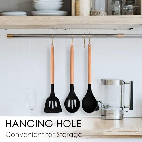 Kitchen Utensils. Set of 3, Silicone Cooking Utensils Set, Turner/Spatula, Spoons with Wooden Handle, Heat Resistant, Nonstick Cookware, Dishwasher Safe, Black
