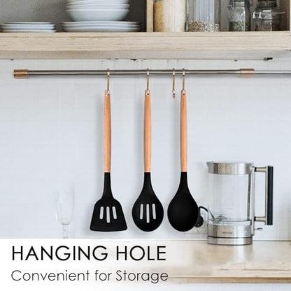 Kitchen Utensils. Set of 3, Silicone Cooking Utensils Set, Turner/Spatula, Spoons with Wooden Handle, Heat Resistant, Nonstick Cookware, Dishwasher Safe, Black