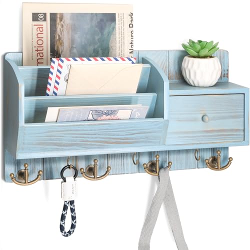 Rebee Vision Key Holder Wall Mount for Room Decor, Distressed Blue | Pine Wood Mail and Key Organizer for Wall, with 7 Hooks, Drawer Organizer, Ideal Storage Solution for Home Improvement - color: Distressed Black