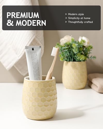 Toothbrush Holder, Tooth Brush Holder for Bathroom - Ceramic Toothbrush Cup Toothbrush Holders Countertop, Ice Cracks Yellow Makeup Brush Holder Pen Holder, 3.62" x 3.62" x 3.93", ANTIS'S HOME - color: Ice Crack Yellow, size: Honeycomb