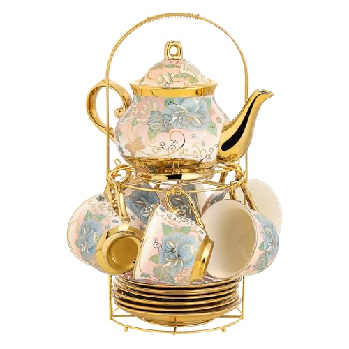 20 Pieces Porcelain Tea Set With Metal Holder, European Ceramic tea set for adults,Flower Tea Set,Tea Set For Women With Flower Painting (VIVID YELLOW, Largr Vision) - color: VIVID YELLOW