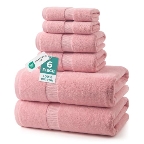 ecolook Ultra Soft 6-Piece Towel Set, 100% Cotton | Lighter Weight, Quick Dry, Highly Absorbent, 2 Bath, 2 Hand, 2 Washcloths, Perfect for Bathroom, Pink - color: Pink