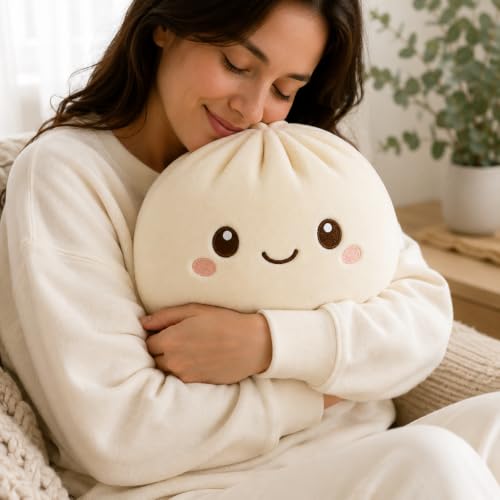 Juju Bao Bun Cushion - Soft Velvet Round Steamed Bun Throw Pillow with Embroidered Face for Sofa and Bed Decor