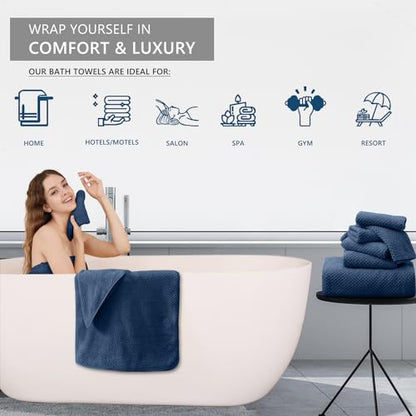8 Piece Bathroom Towel Set Navy Blue |2 Oversized Large Bath Towels Sheet,2 Hand Towels and 4 Washcloths| 600GSM Ultra Soft Luxury Premium Towel Set Highly Absorbent Quick Dry Hotel Towel Collection - color: Texture Navy Blue, size: 8 Piece Towel Set